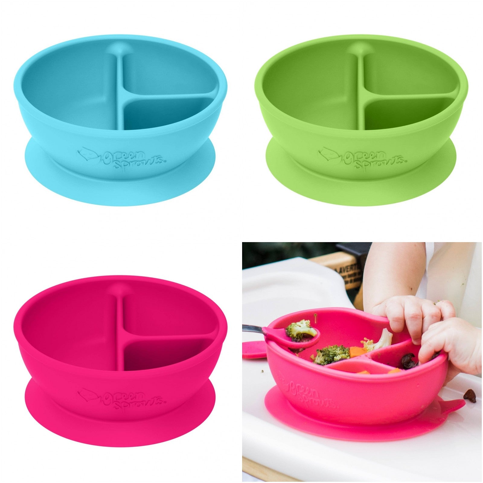 Learning Bowl made from Silicone in Pink, Green or Aqua