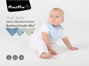 3 PACK - Mum 2 Mum Bandana Style Baby Bibs - Denim / Baby Blue / Stone