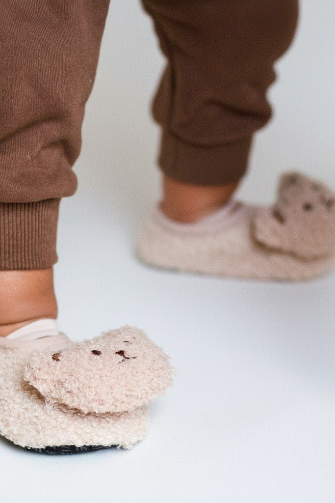 Cozy Crew Club - Beige Bear Strap Slippers Soft