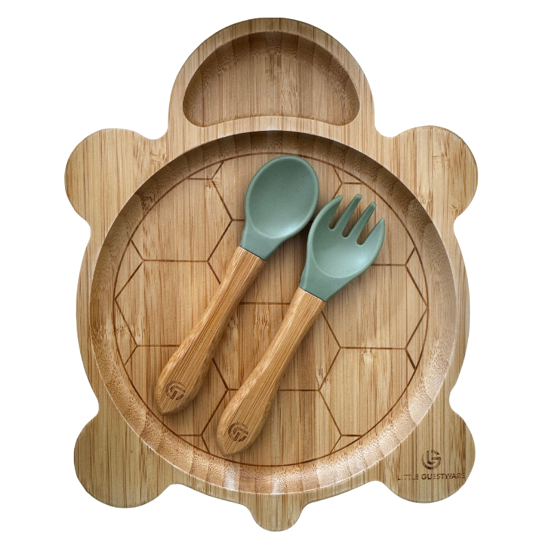 Bamboo Feeding Set - Turtle - Plate, Bowl, Spoon & Fork