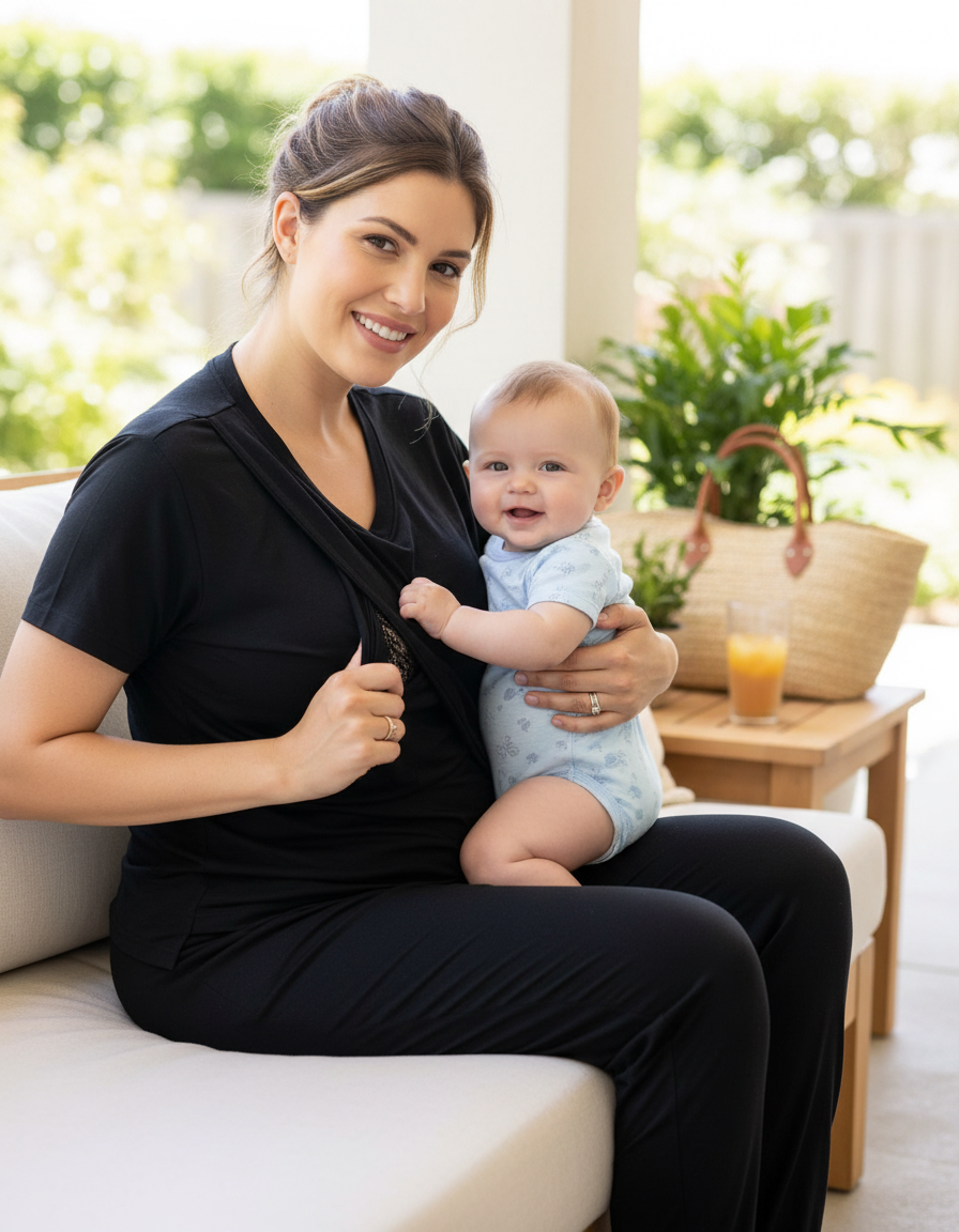 Milkymoon Luxurious Cotton Breastfeeding Short Sleeved Loungewear / Pyjamas - Black