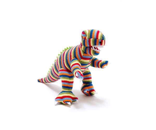 Best Years - Knitted T-Rex Dinosaur Baby Rattle - Rainbow Stripe