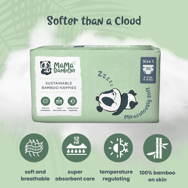 Mama Bamboo sustainable bamboo nappies packaging with features listed on a green background