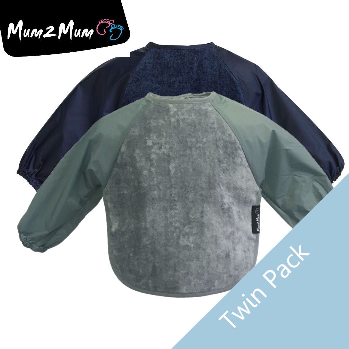 2 PACK - Mum 2 Mum Long Sleeved Wonder Bibs LARGE 18m - 3 years - Grey & Navy - Baby&More