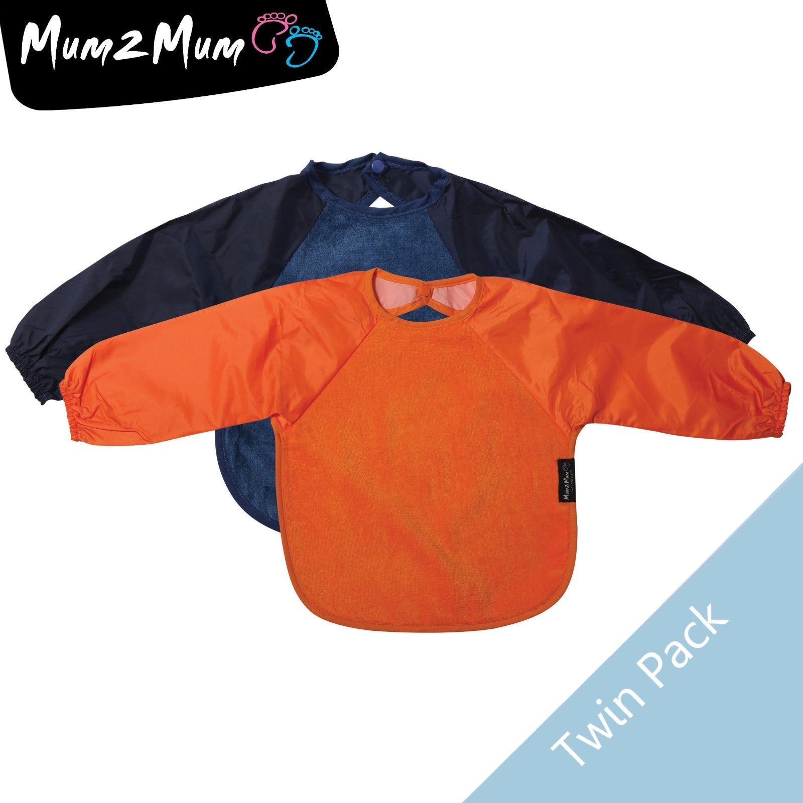 2 PACK - Mum 2 Mum Long Sleeved Wonder Bibs LARGE 18m - 3 years - Orange & Navy - Baby&More