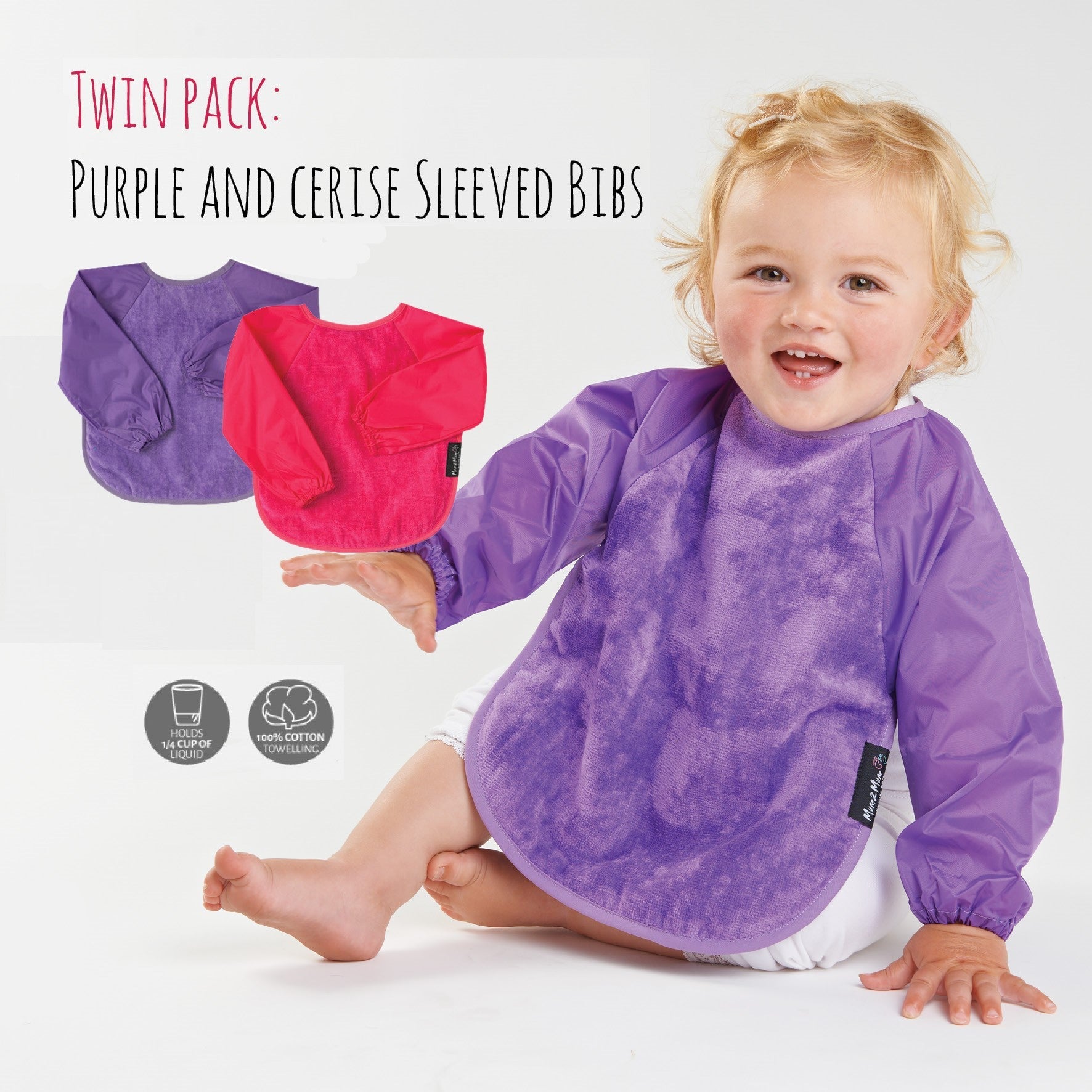 2 PACK - Mum 2 Mum Long Sleeved Wonder Bibs LARGE 18m - 3 years - Purple & Cerise - Baby&More