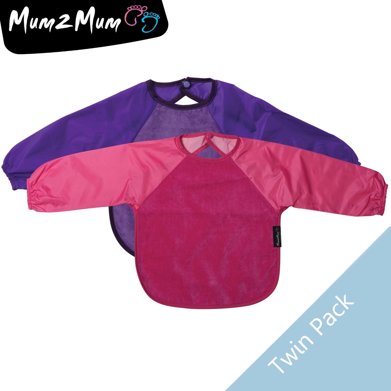 2 PACK - Mum 2 Mum Long Sleeved Wonder Bibs LARGE 18m - 3 years - Purple & Cerise - Baby&More