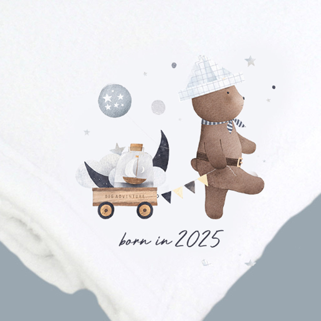 Born In 2025 Bear White Cotton Baby Pram Blanket