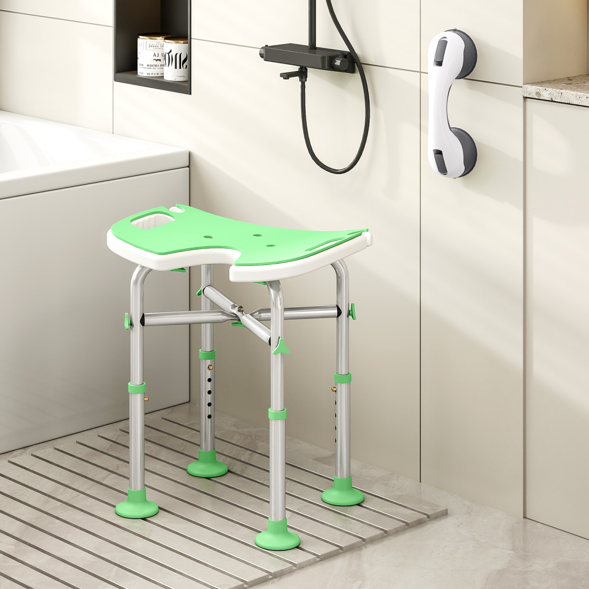 Bath / Shower Stool & Grab Handle, Adjustable Height - Green - Max 150kg
