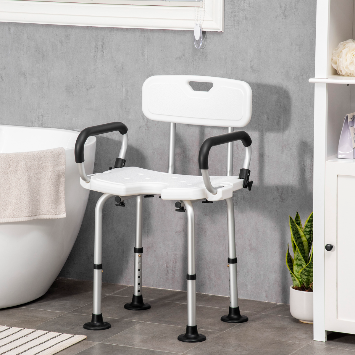 Bath / Shower Chair with Backrest & Armrests, Adjustable Height - Aluminium. Max 136kg