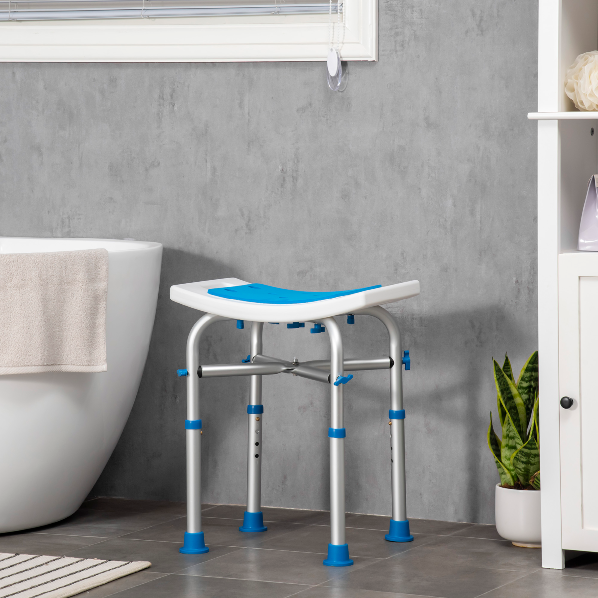 Bath / Shower Stool, Adjustable Height - White & Blue - Max 150kg