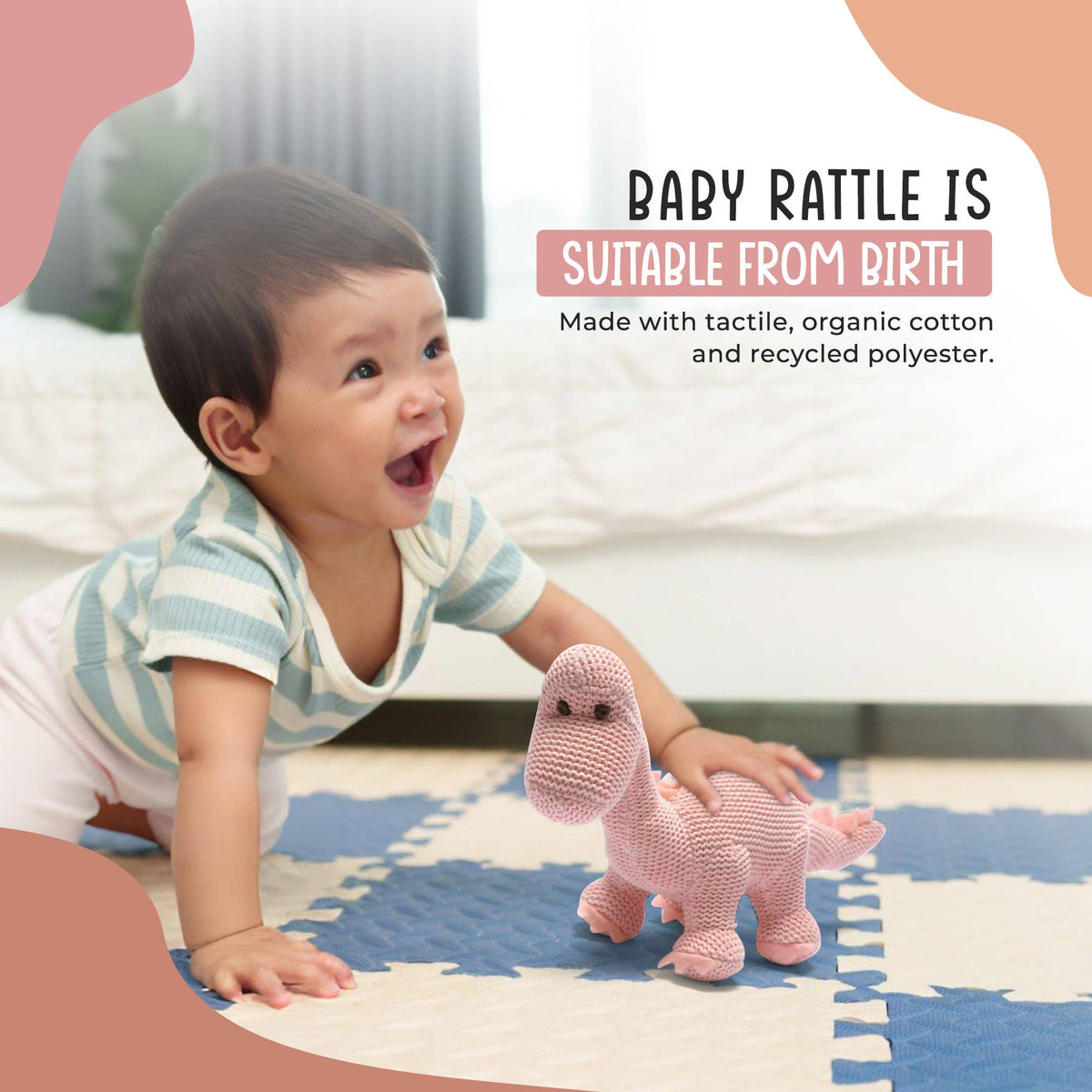 Best Years Ltd - Dinosaur Baby Rattle, Knitted Organic Cotton Pink Diplodocus