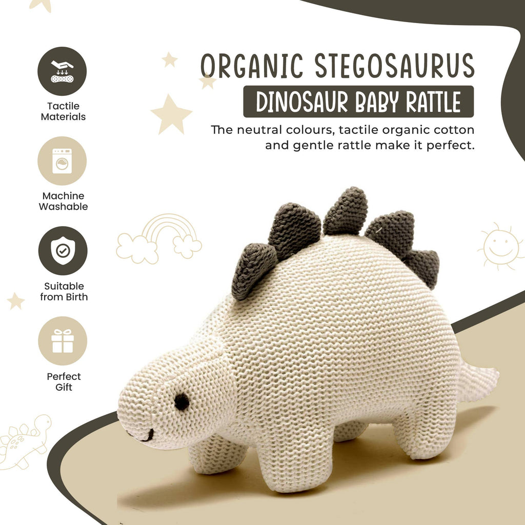 Best Years Ltd - Dinosaur Baby Rattle, Organic White Cotton Knit Stegosaurus
