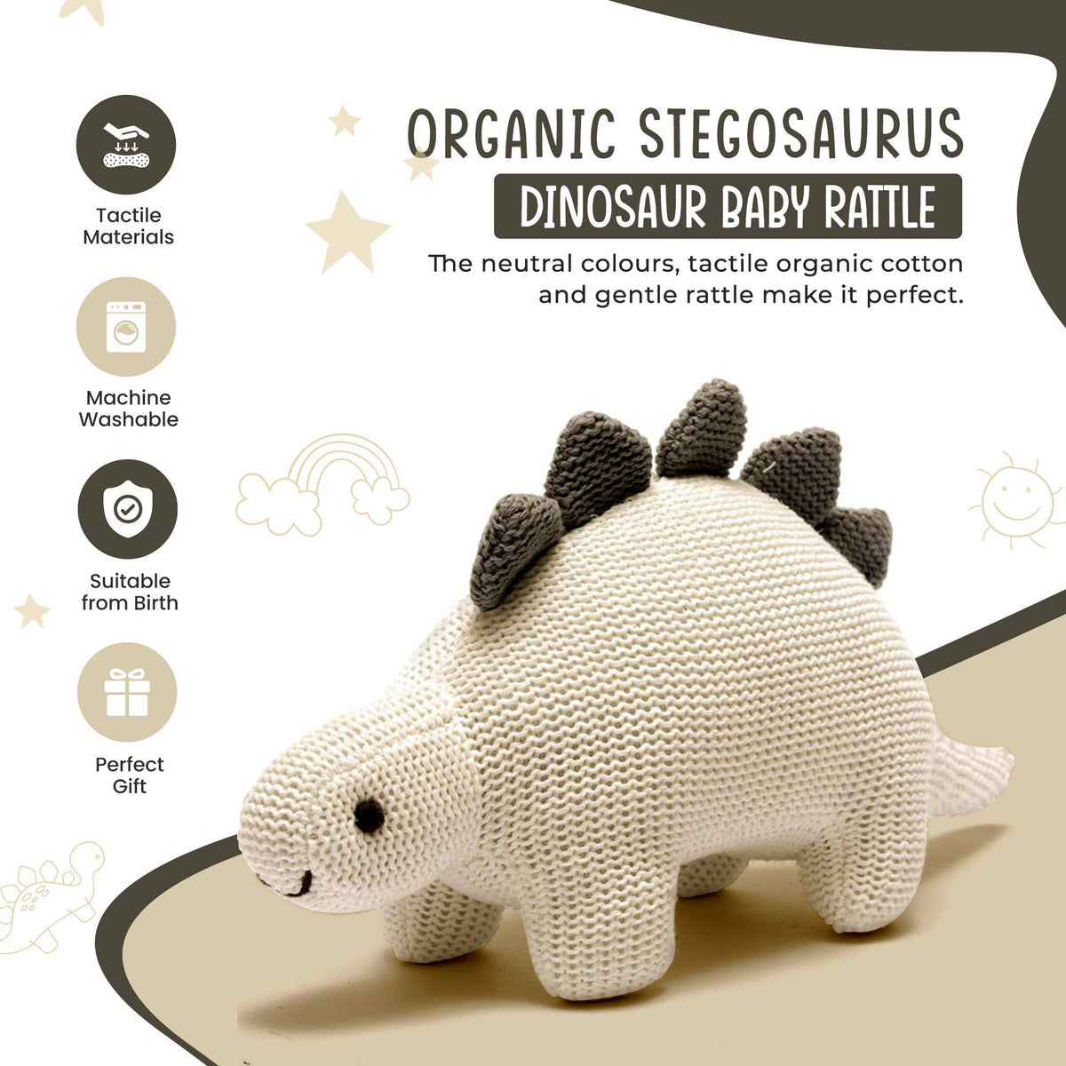 Best Years Ltd - Dinosaur Baby Rattle, Organic White Cotton Knit Stegosaurus