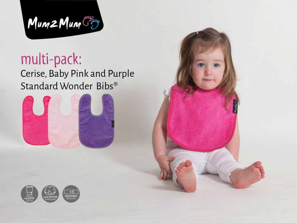 3 PACK - Mum 2 Mum Standard Bibs - Cerise / Purple / Baby Pink - Baby&More
