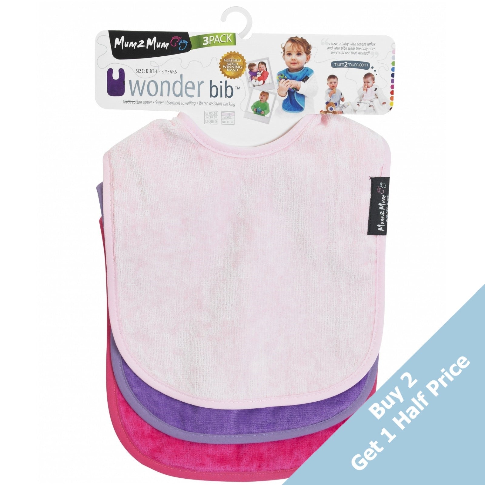 3 PACK - Mum 2 Mum Standard Bibs - Cerise / Purple / Baby Pink - Baby&More