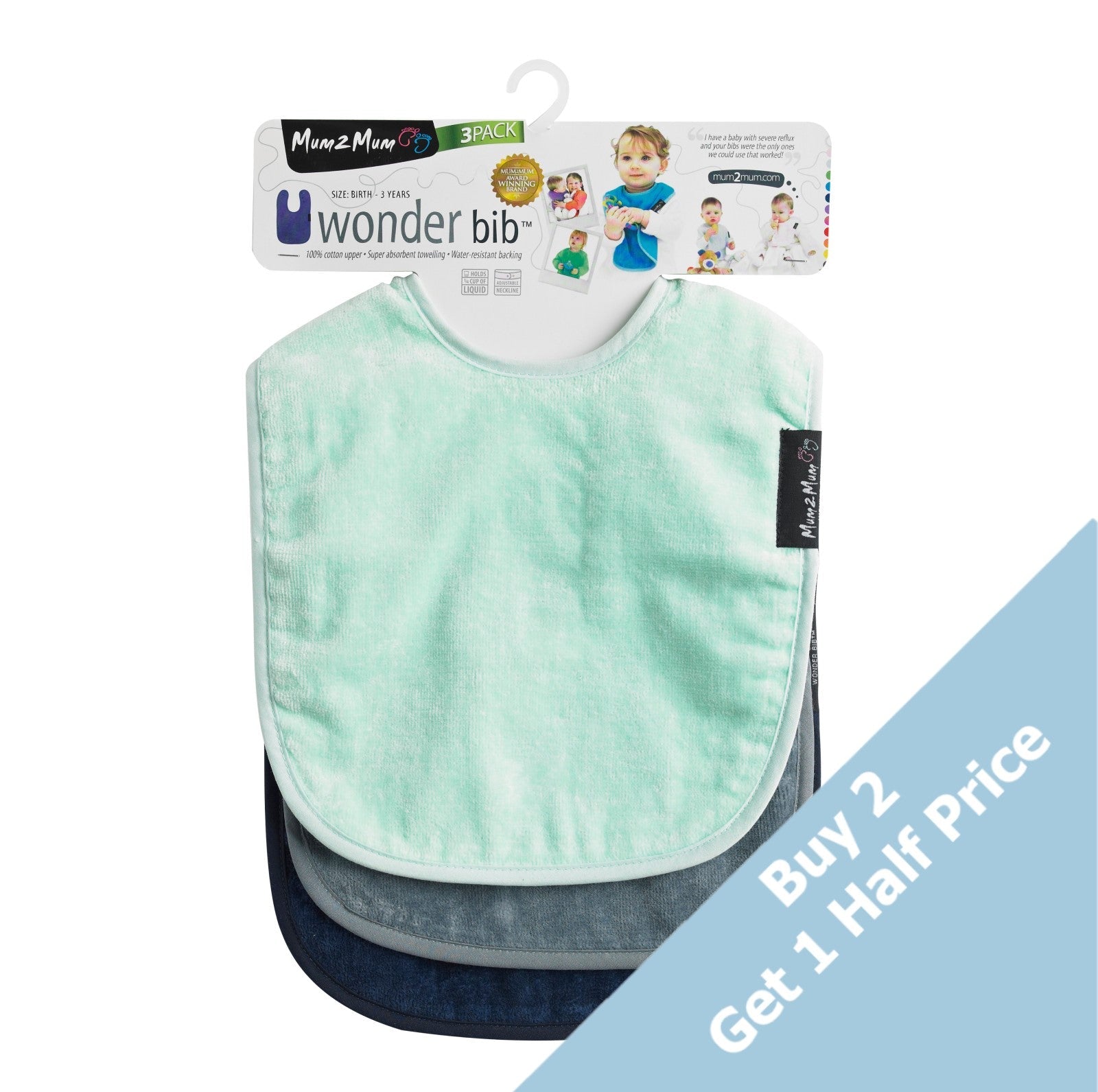 3 PACK - Mum 2 Mum Standard Wonder Bibs - ANY COLOURS - Baby&More