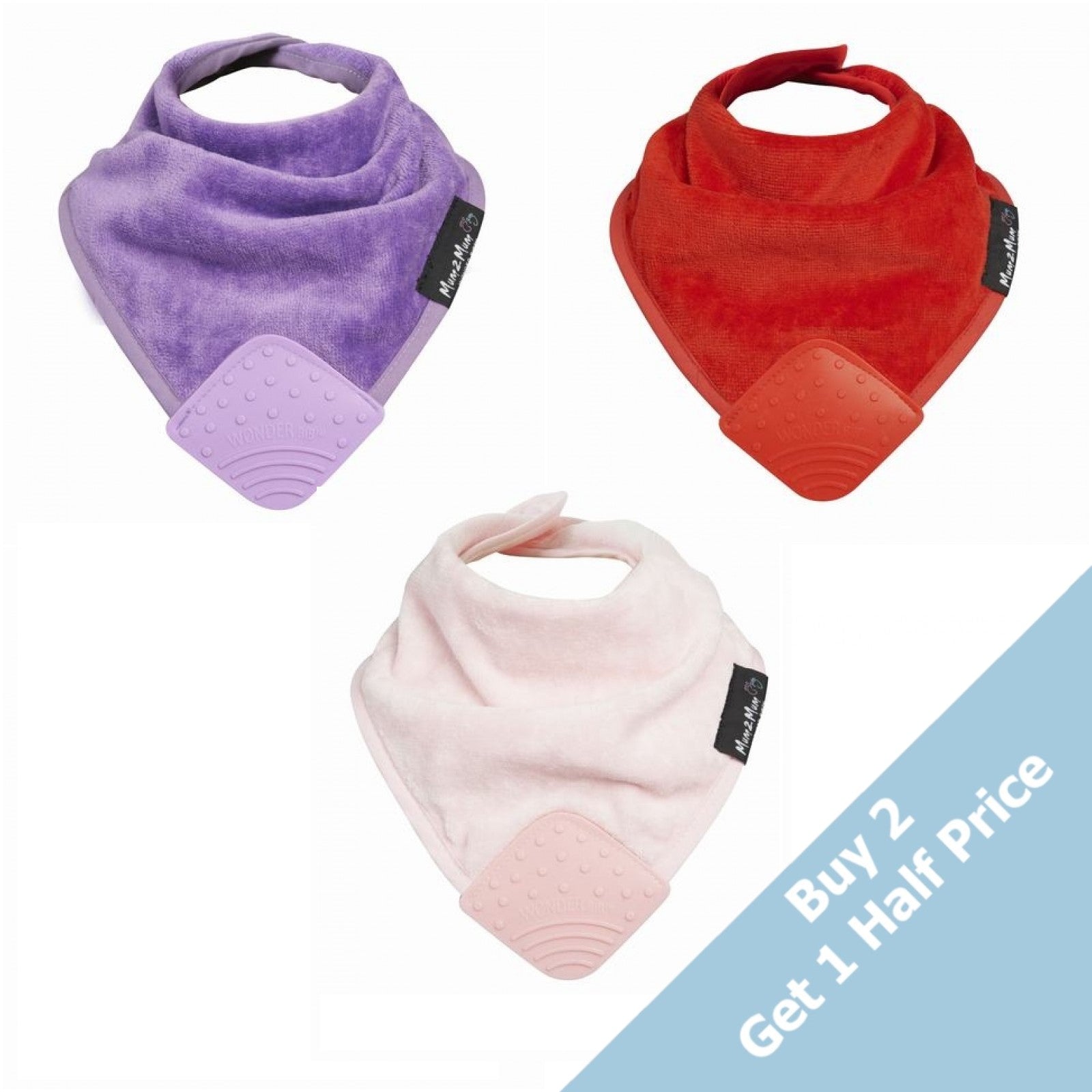 3 PACK - Mum 2 Mum Teething Bandana Wonder Bib - Baby Pink / Purple / Red - Baby&More