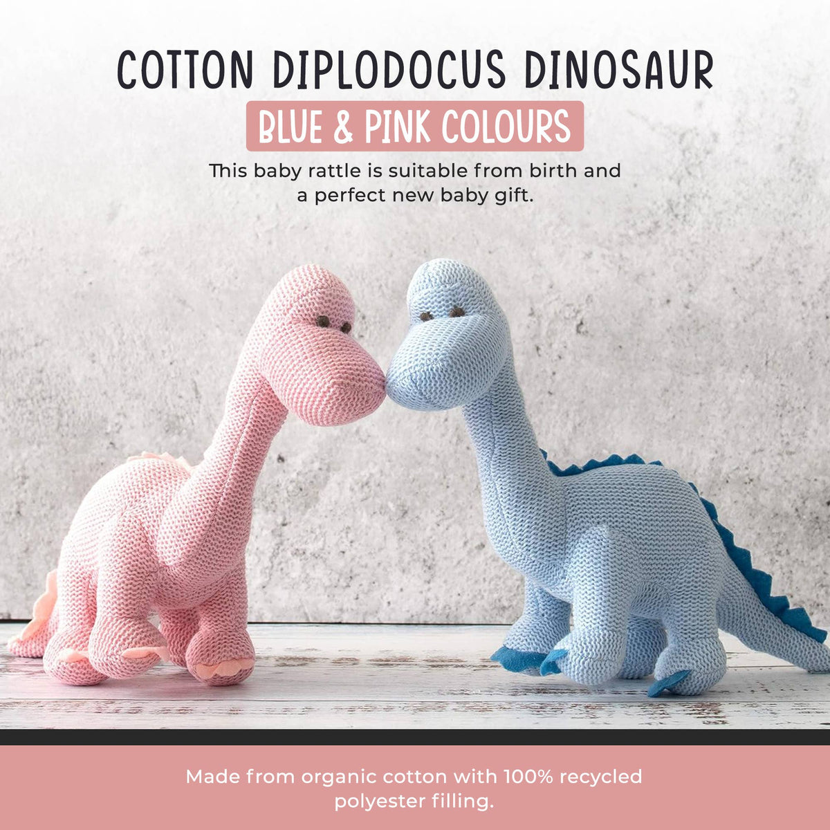 Best Years Ltd - Dinosaur Baby Rattle, Knitted Organic Cotton Blue Diplodocus
