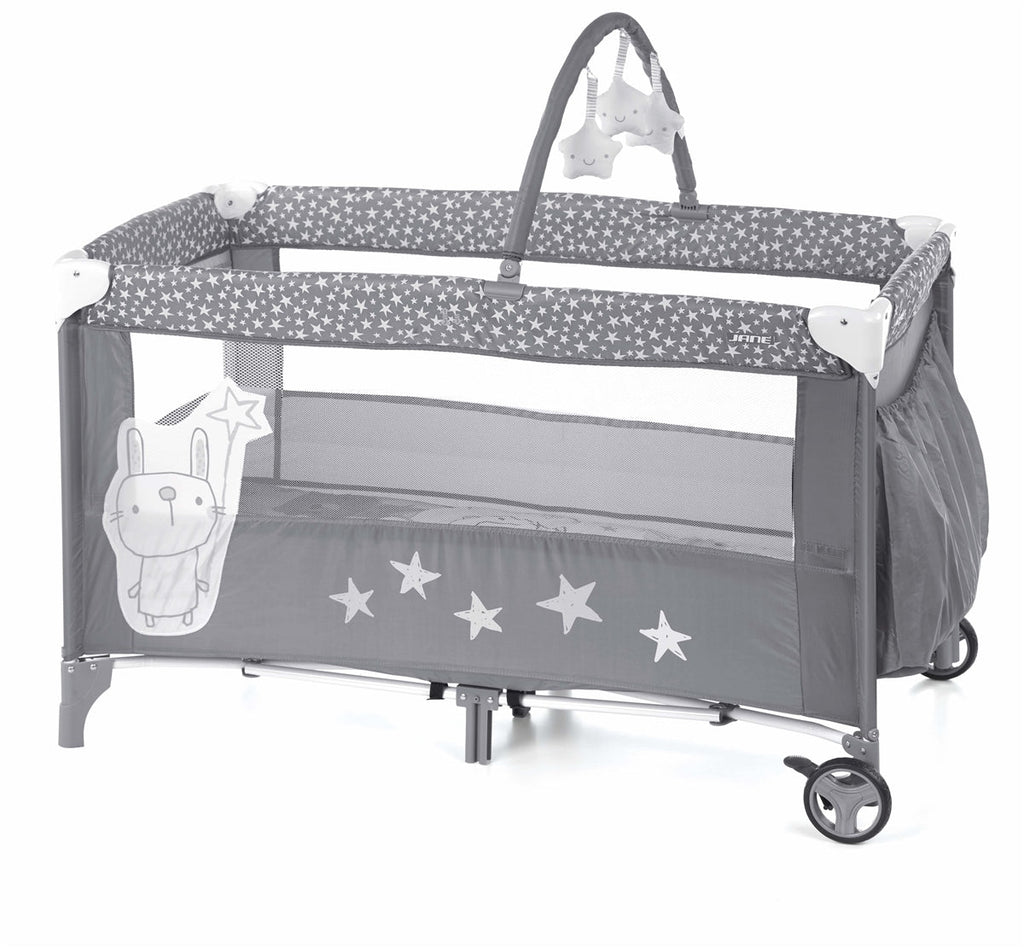 Jane Duo Level Toys Travel Cot – Two-Tier Design with Activity Arch - Grey Stars