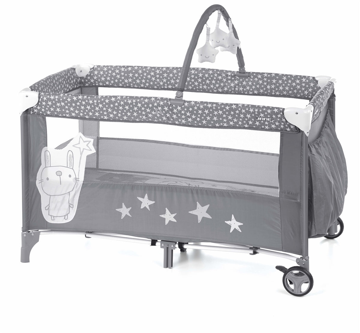 Jane Duo Level Toys Travel Cot – Two-Tier Design with Activity Arch - Grey Stars