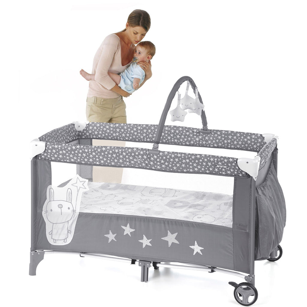 Jane Duo Level Toys Travel Cot – Two-Tier Design with Activity Arch - Grey Stars