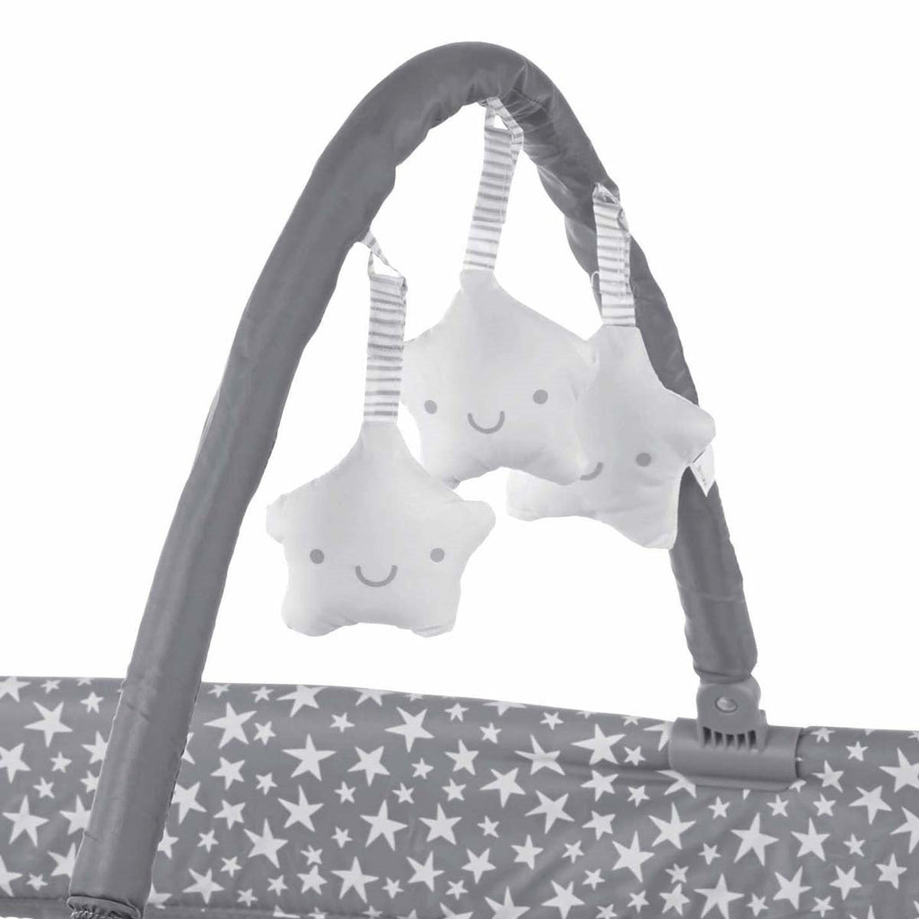 Jane Duo Level Toys Travel Cot – Two-Tier Design with Activity Arch - Grey Stars
