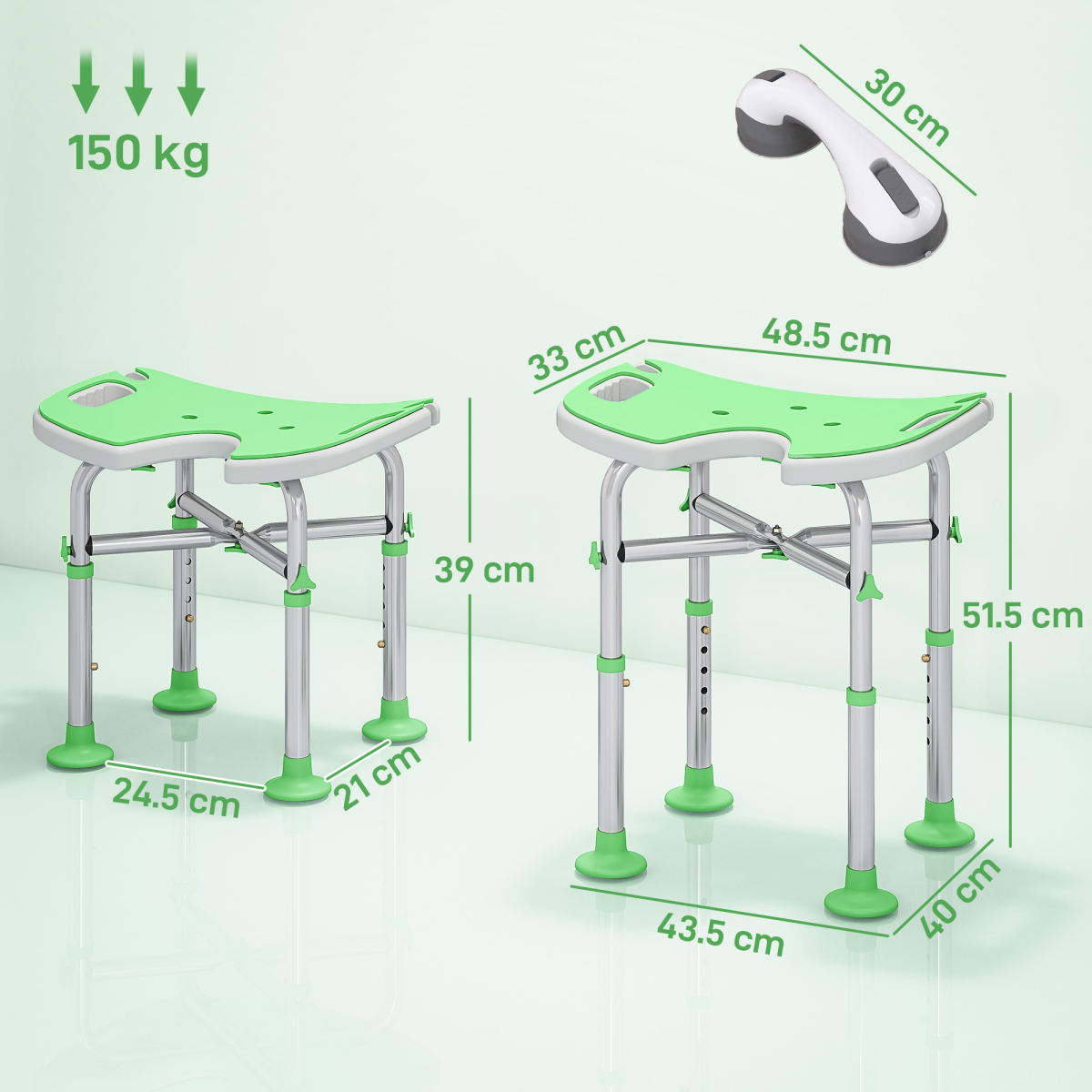 Bath / Shower Stool & Grab Handle, Adjustable Height - Green - Max 150kg