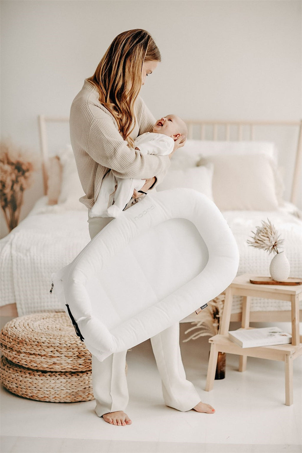 Noordi 2 in 1 Deluxe Baby Nest & Maternity Pillow with Silver-Ion Cotton - White