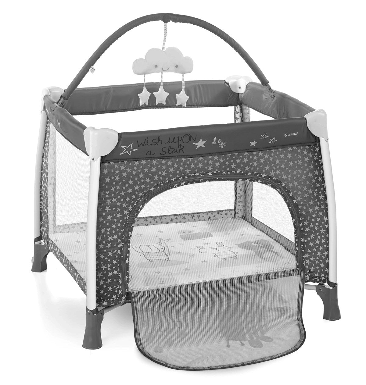 Jané Travel Fun Playpen with Toy Arch & Carry Bag – 0 to 3 Years - Grey Star