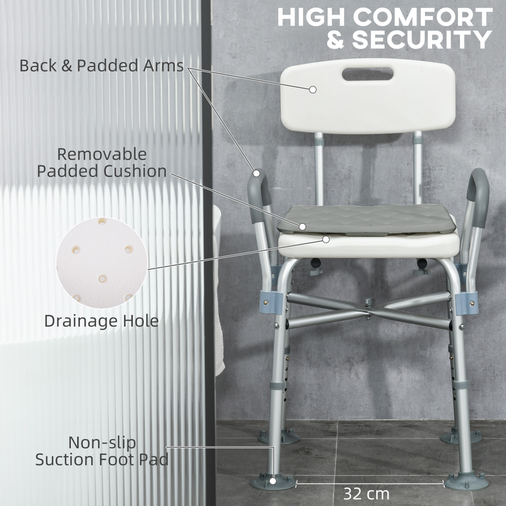Bath / Shower Chair with Backrest & Armrests, Adjustable Height - Aluminium, Max 180kg