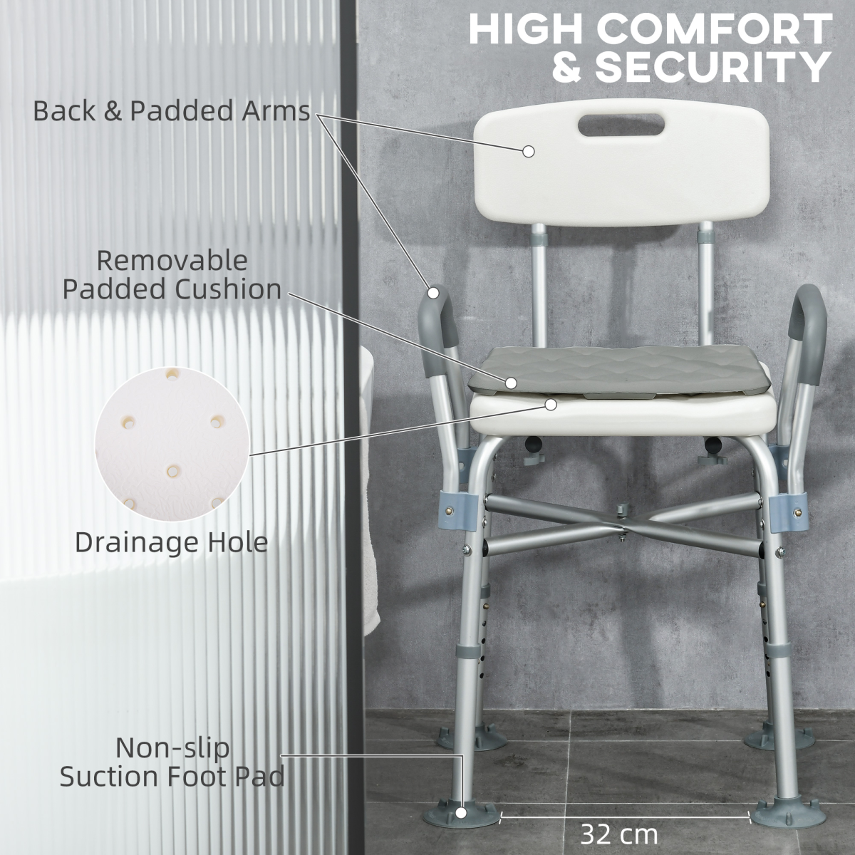 Bath / Shower Chair with Backrest & Armrests, Adjustable Height - Aluminium, Max 180kg