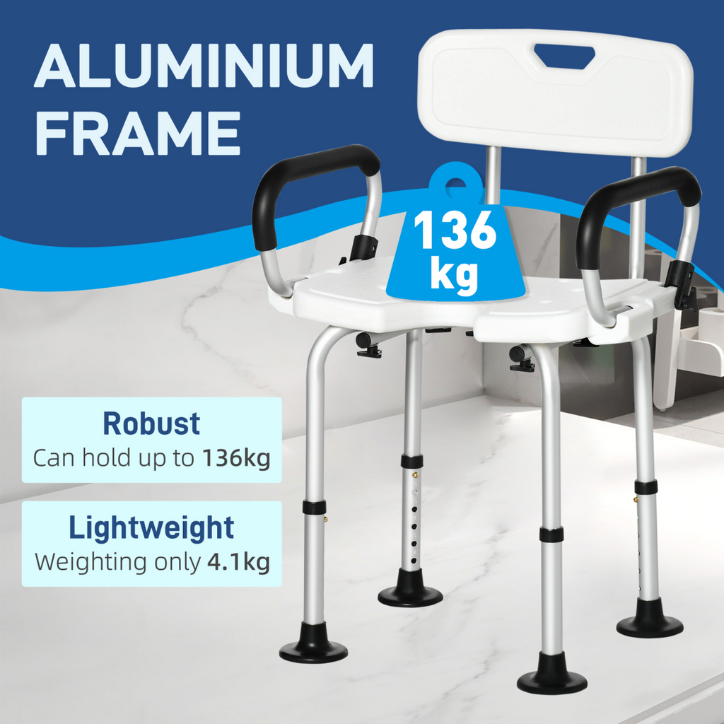 Bath / Shower Chair with Backrest & Armrests, Adjustable Height - Aluminium. Max 136kg