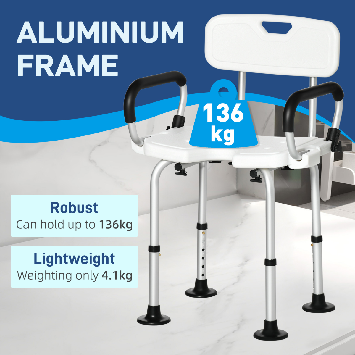 Bath / Shower Chair with Backrest & Armrests, Adjustable Height - Aluminium. Max 136kg