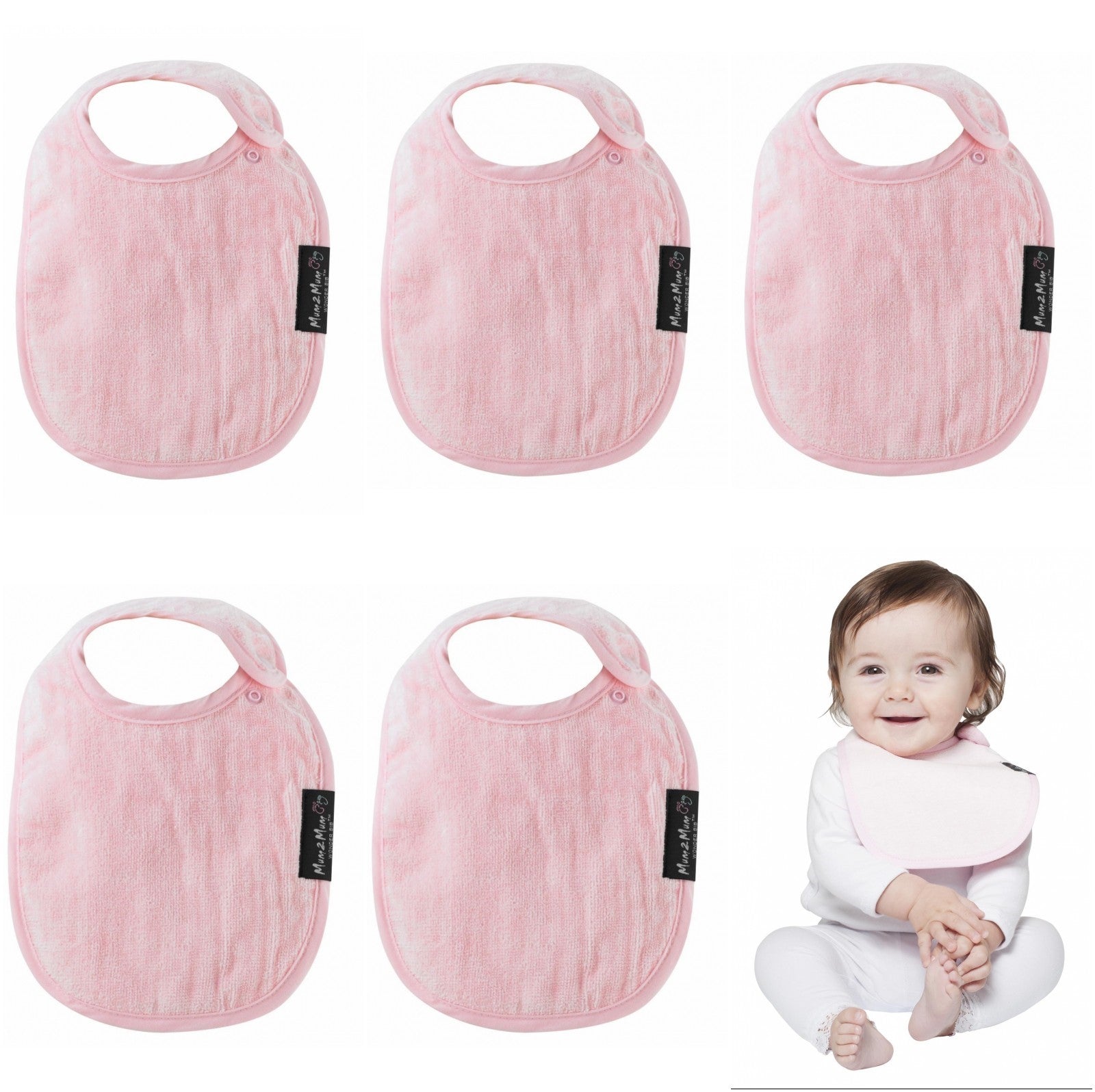 5 PACK - Mum 2 Mum Infant Wonder Bibs - 5 BABY PINK - Baby&More
