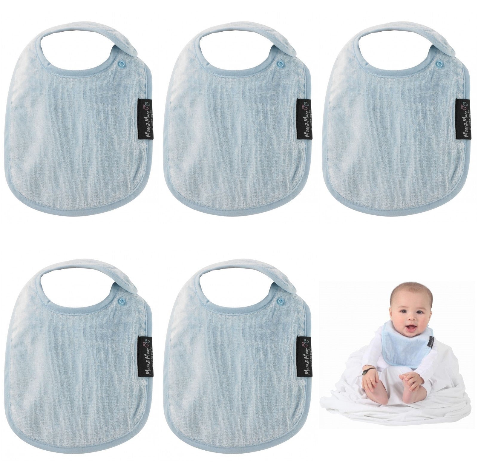 5 PACK - Mum 2 Mum Infant Wonder Bibs - 5 BABY BLUE - Baby&More