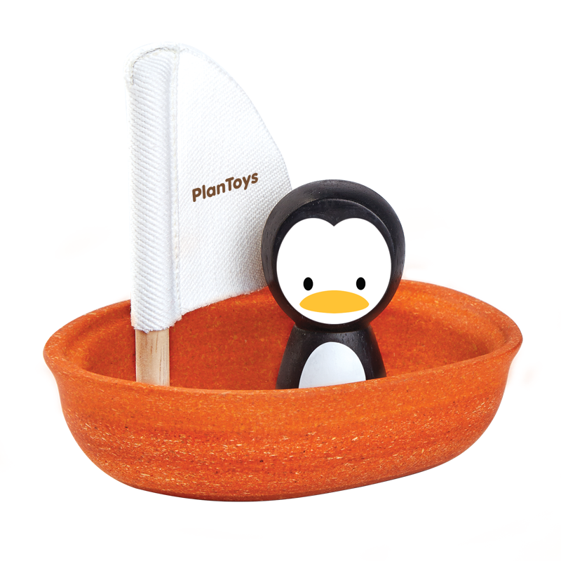 PlanToys Wooden Sailing Boat Penguin Bath Toy