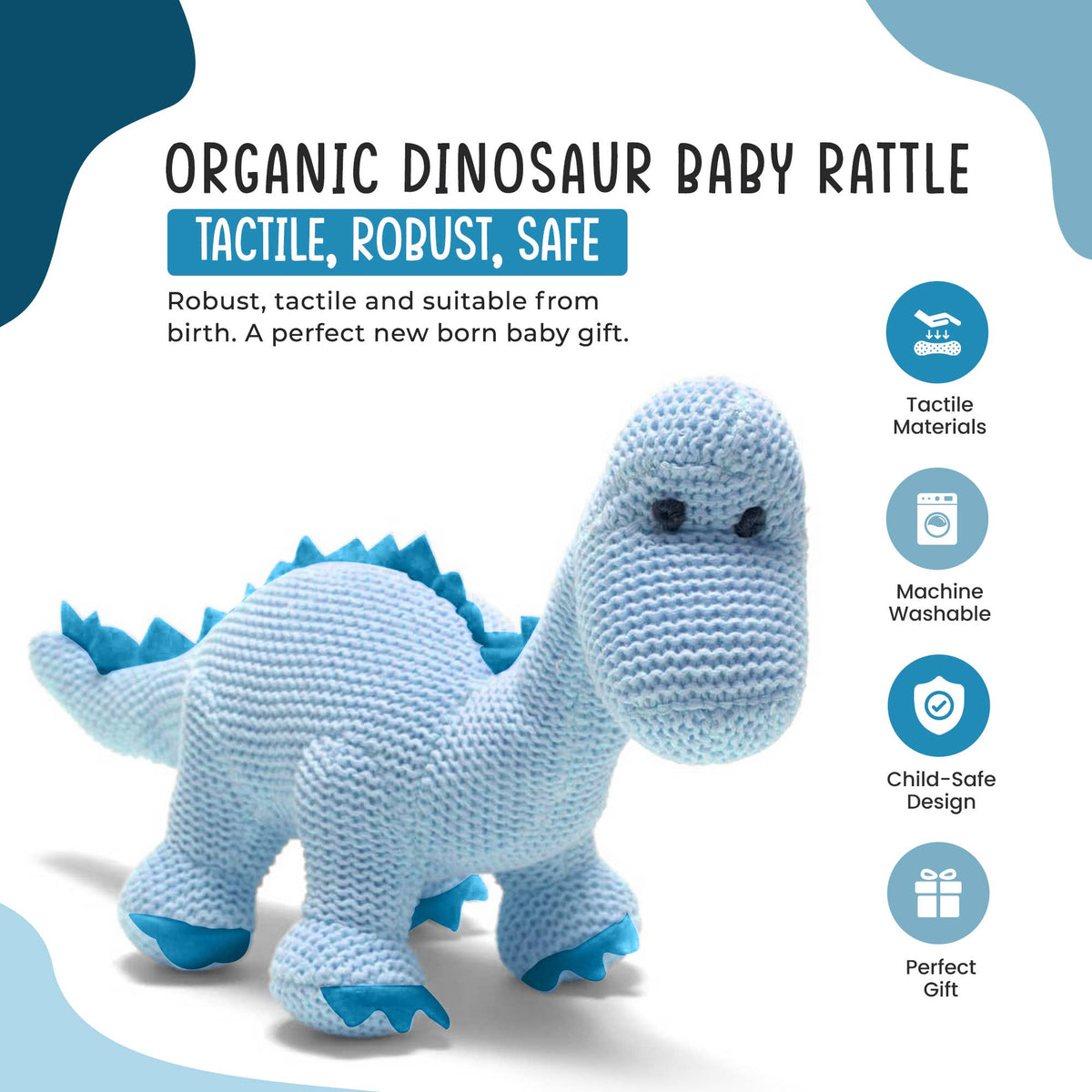 Best Years Ltd - Dinosaur Baby Rattle, Knitted Organic Cotton Blue Diplodocus