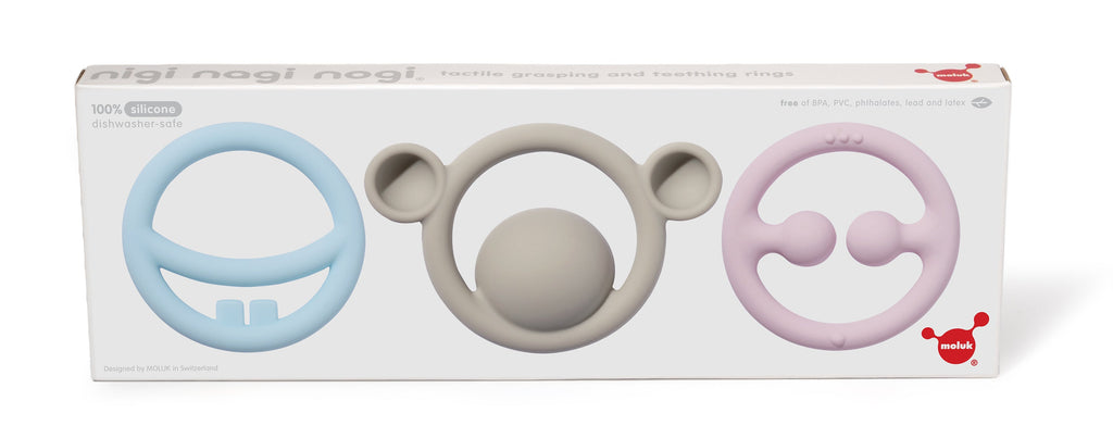 MOLUK Nigi, Nagi & Nogi Teether and Sensory Pastel Colour Set