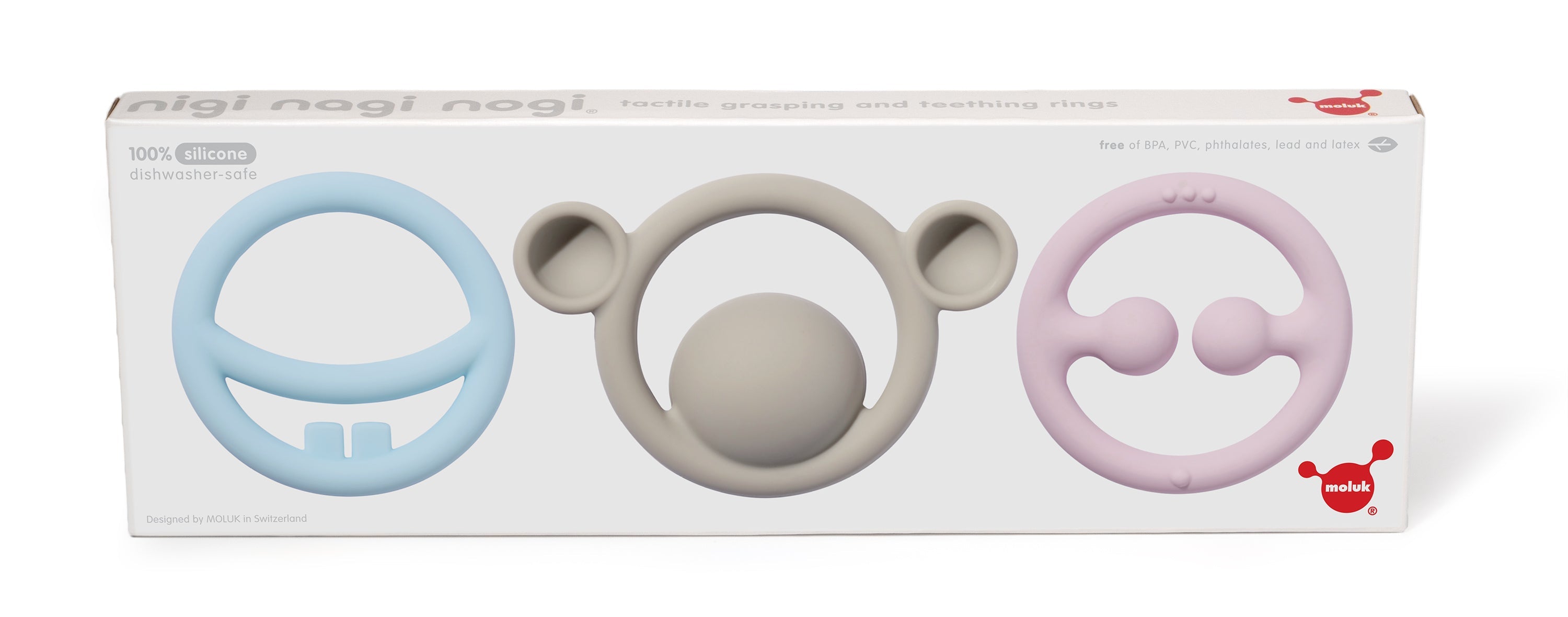MOLUK Nigi, Nagi & Nogi Teether and Sensory Pastel Colour Set