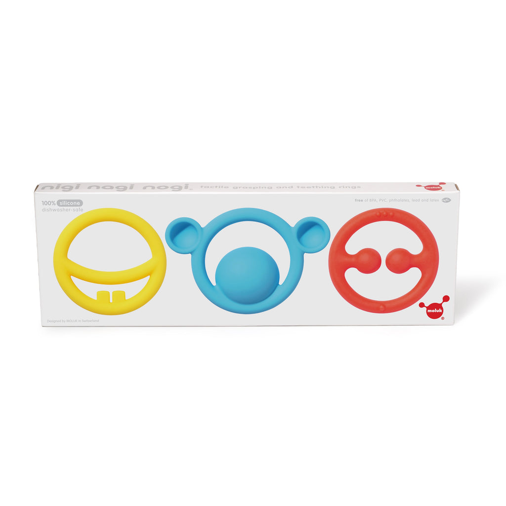 MOLUK Nigi, Nagi & Nogi Teether and Sensory Primary Colour Set