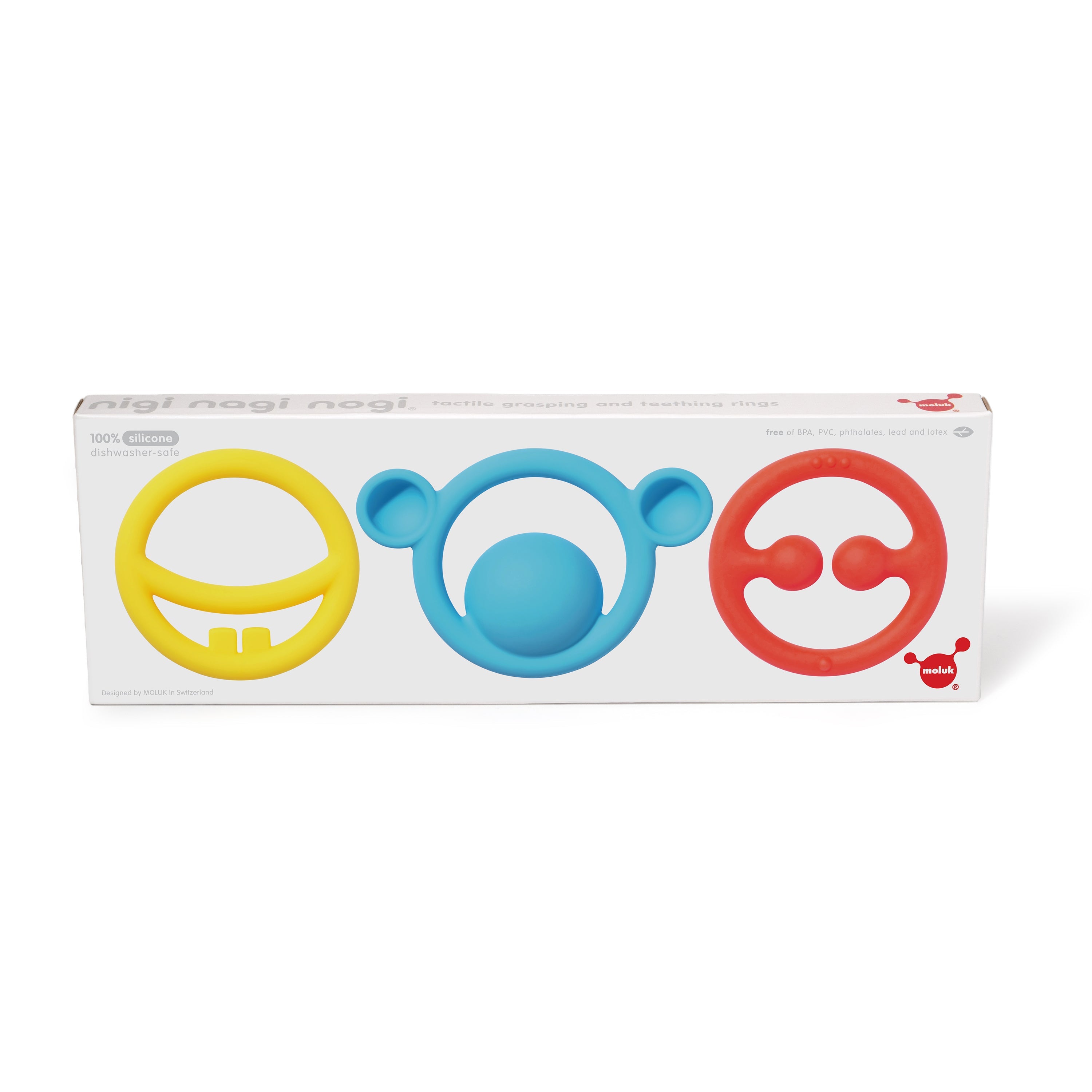 MOLUK Nigi, Nagi & Nogi Teether and Sensory Primary Colour Set