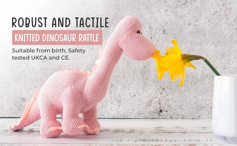 Best Years Ltd - Dinosaur Baby Rattle, Knitted Organic Cotton Pink Diplodocus