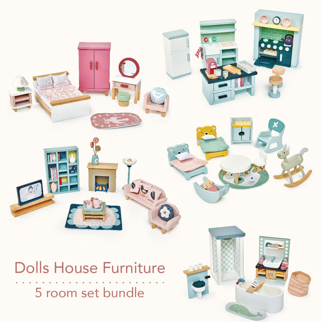 Wooden Dolls House Furniture Bundle of 5 Room Sets