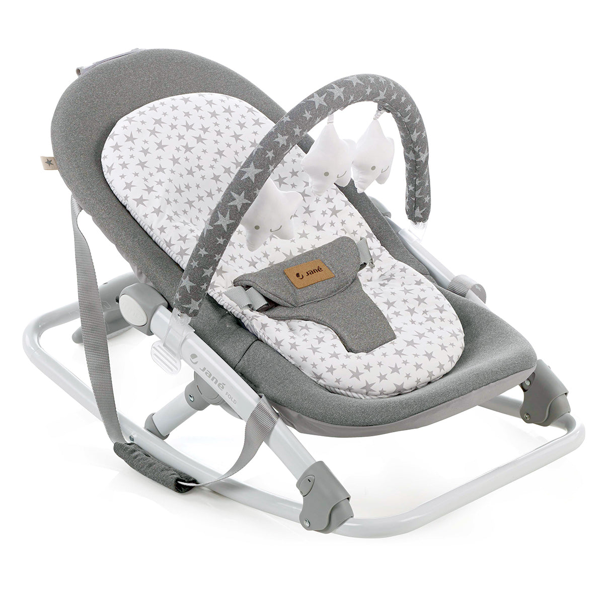 Folding Baby Rocker with Toy Arch & Reversible Newborn Cushion - Grey Star