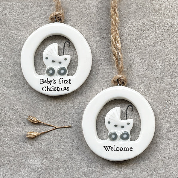 East of India Mini Porcelain Hanging Ornament - Baby's First Christmas