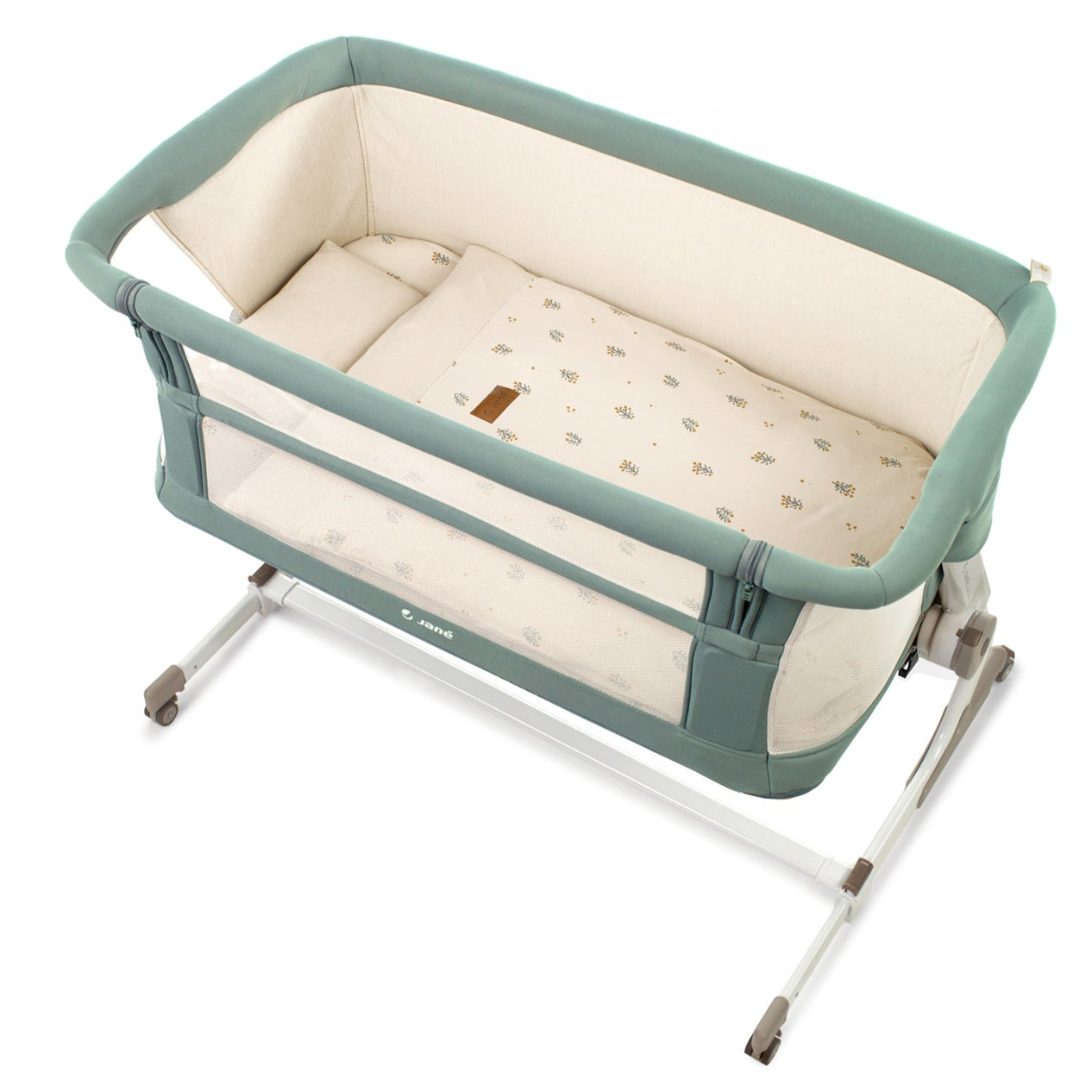 Jane Baby Side Crib + 4 Piece Bedding Set & Safety Mattress - Botanic Green
