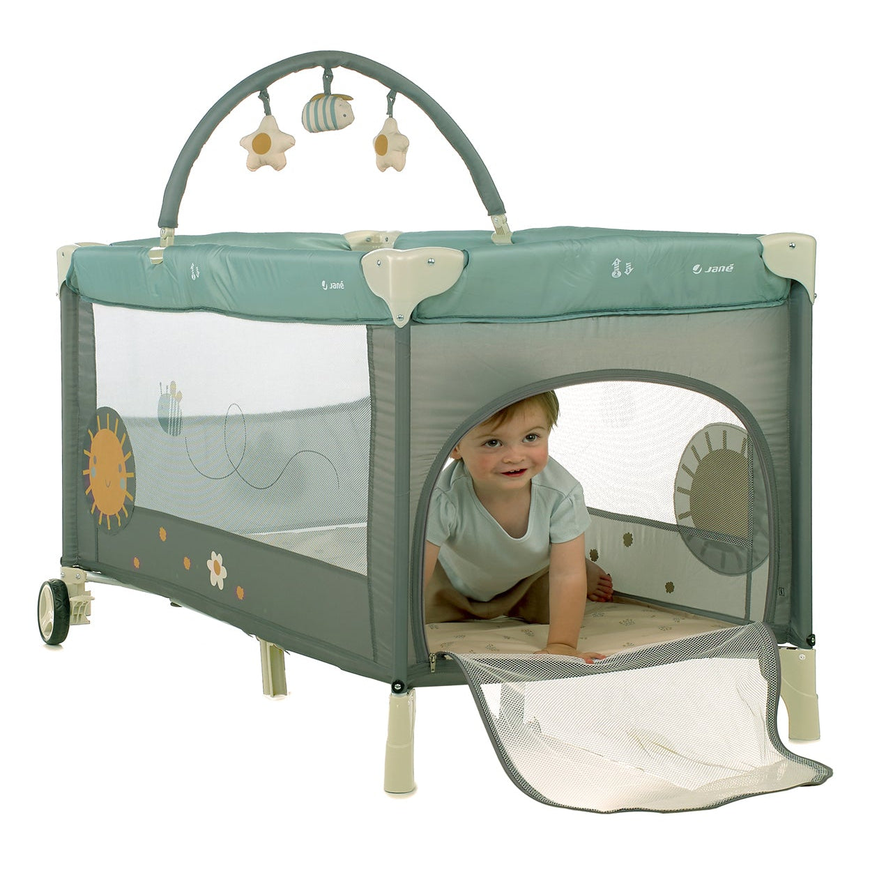 Jané One Level Toys Travel Cot with Activity Arch & Zip Window - Botanic