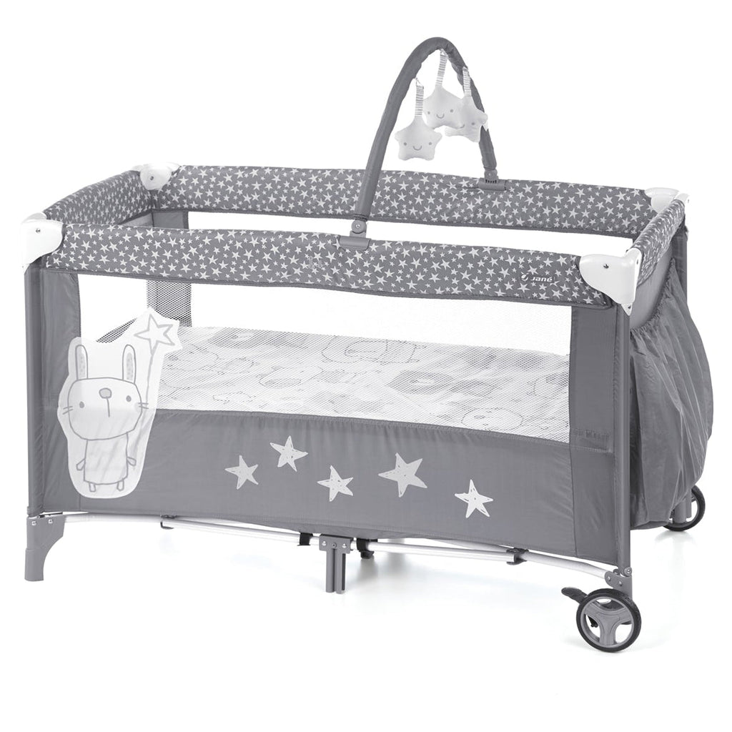 Jane Duo Level Toys Travel Cot – Two-Tier Design with Activity Arch - Grey Stars