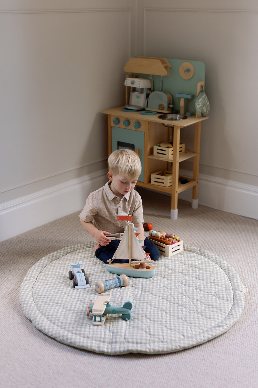 Ralphie Bear Quilted Playmat - Sage Green Gingham